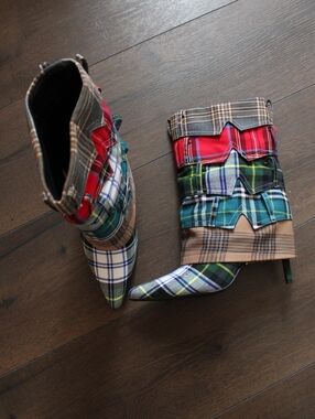 Akria Colorblock Plaid Pointed-Toe Ankle Heel Boots - Multicolor